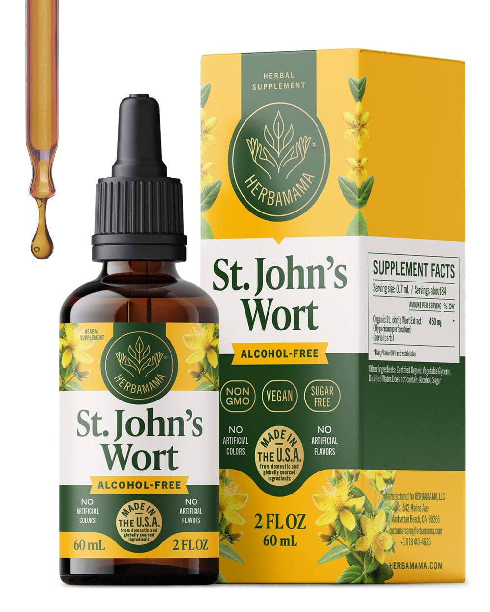 HERBAMAMA St. John's Wort tincture bottle supports vegan mood balance.