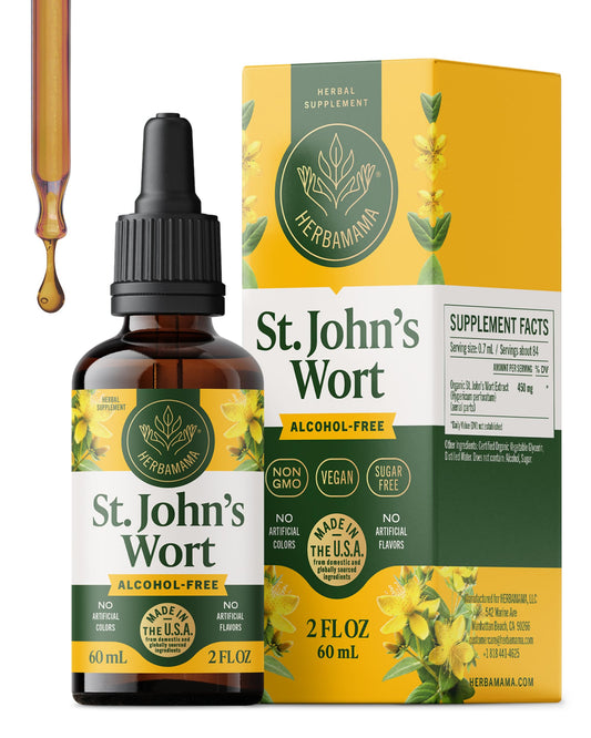 HERBAMAMA St. John's Wort tincture bottle supports vegan mood balance.
