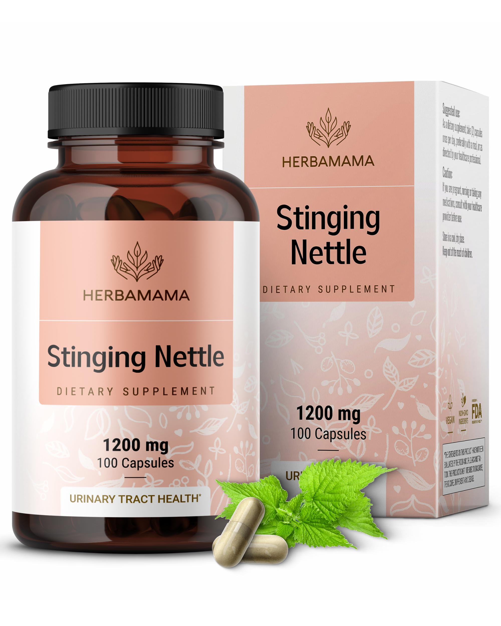 Herbamama Stinging Nettle Capsules packaging, vegan wellness option.
