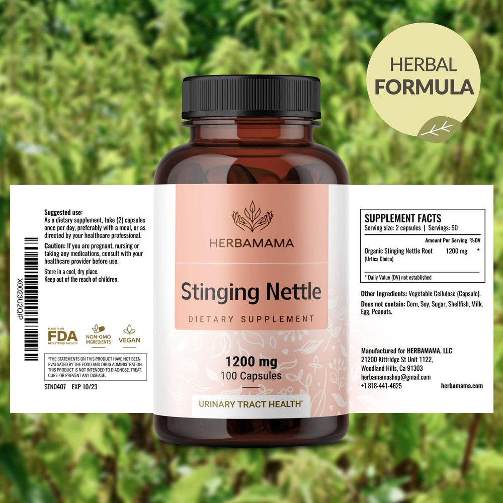 Display of Herbamama nettle capsules, highlighting vegan and non-GMO attributes.