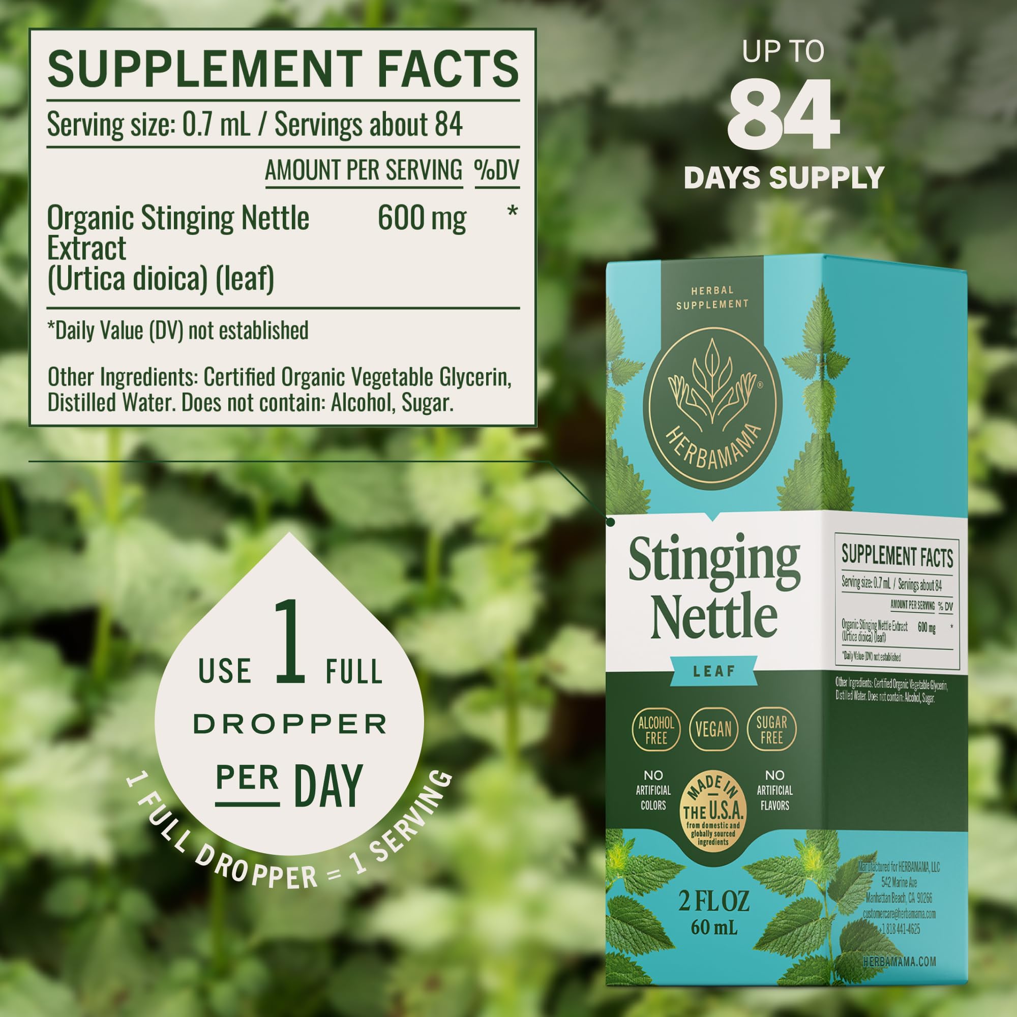 Herbamama Stinging Nettle tincture ingredient list highlights three ingredient formula