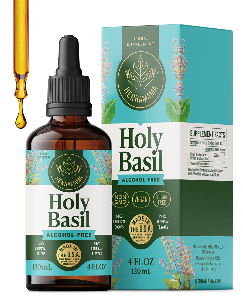 Herbamama Tulsi tincture bottle promoting natural mood support and relaxation