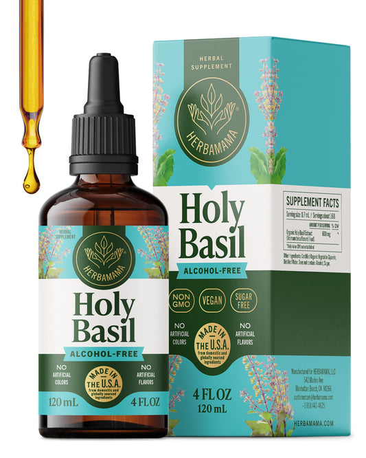 Herbamama Tulsi tincture bottle promoting natural mood support and relaxation