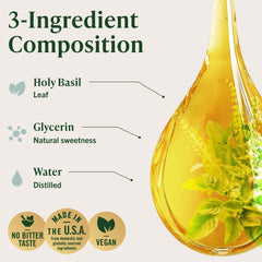 Herbamama Tulsi tincture bottle emphasizes vegan, non-GMO formula