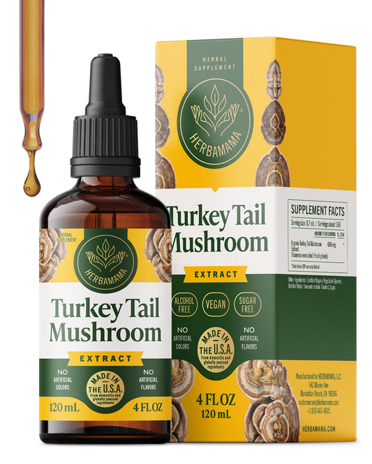 HERBAMAMA Turkey Tail tincture bottle highlights vegan formula and clean labeling for immune wellness.