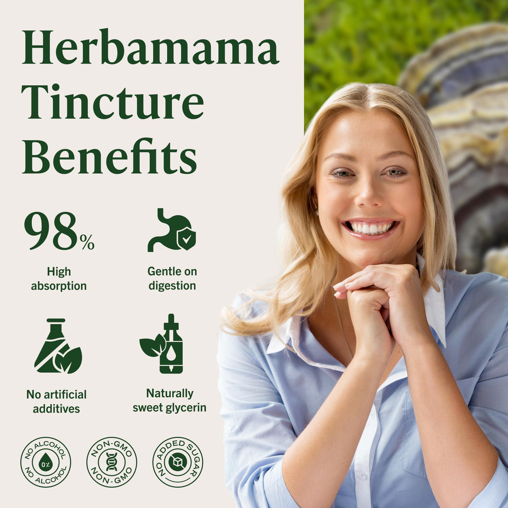 HERBAMAMA bottle shows vegan and non-GMO indicators supporting conscious shopping.