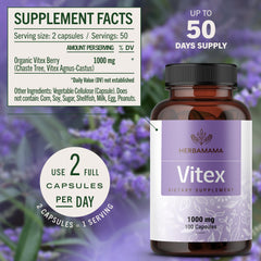 HERBAMAMA Vitex Berry Capsules label detail highlights vegan, non-GMO formula.