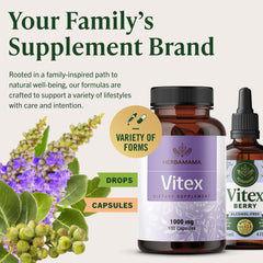 HERBAMAMA Vitex Berry Capsules label detail showing ethical, vegan formulation.