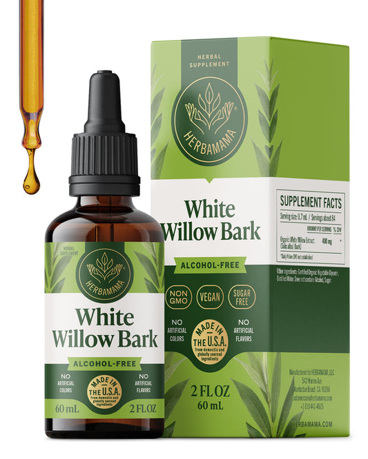Herbamama White Willow Bark tincture bottle pour for quick antioxidant support