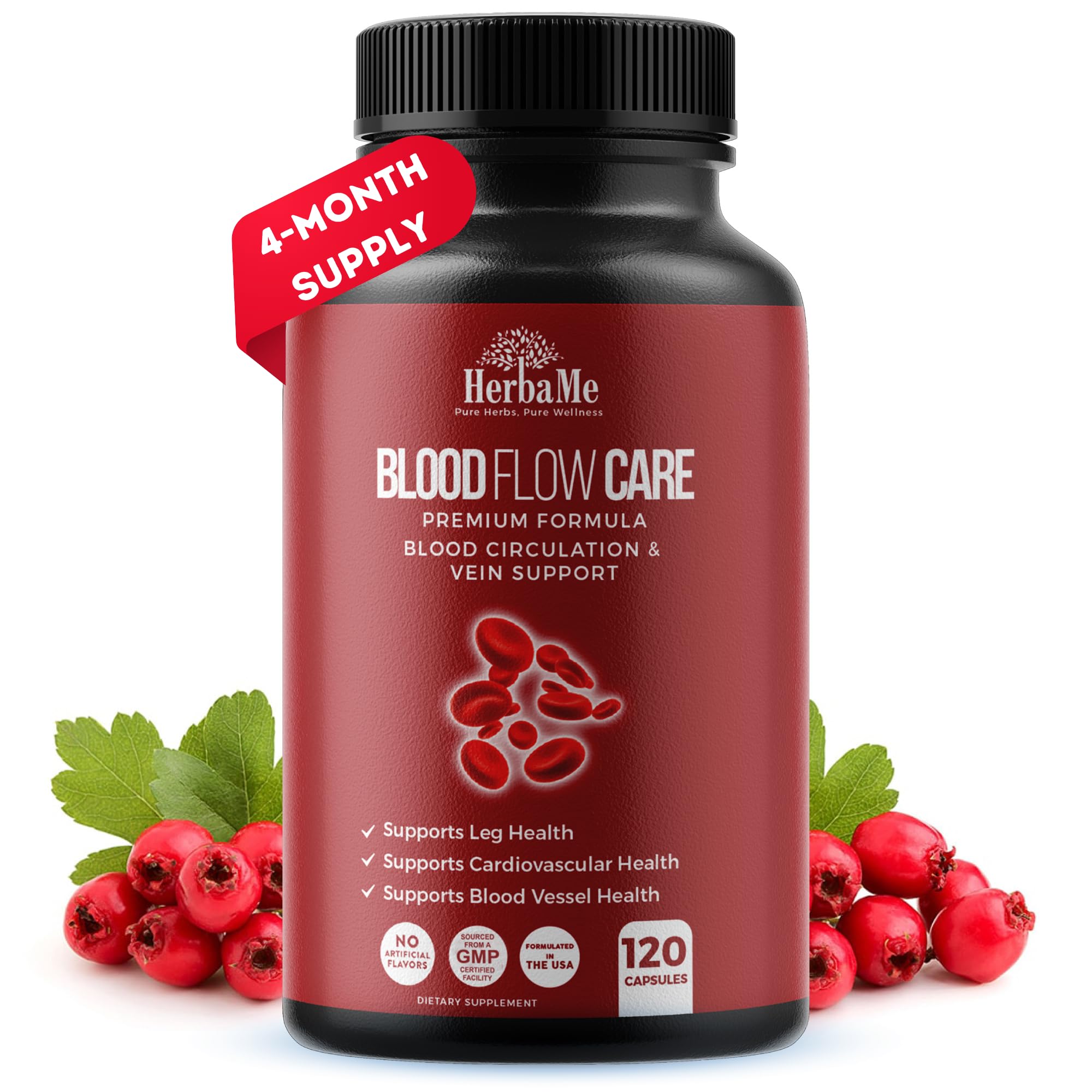 HerbaMe Blood Circulation bottle illustrating daily vascular support for active comfort.