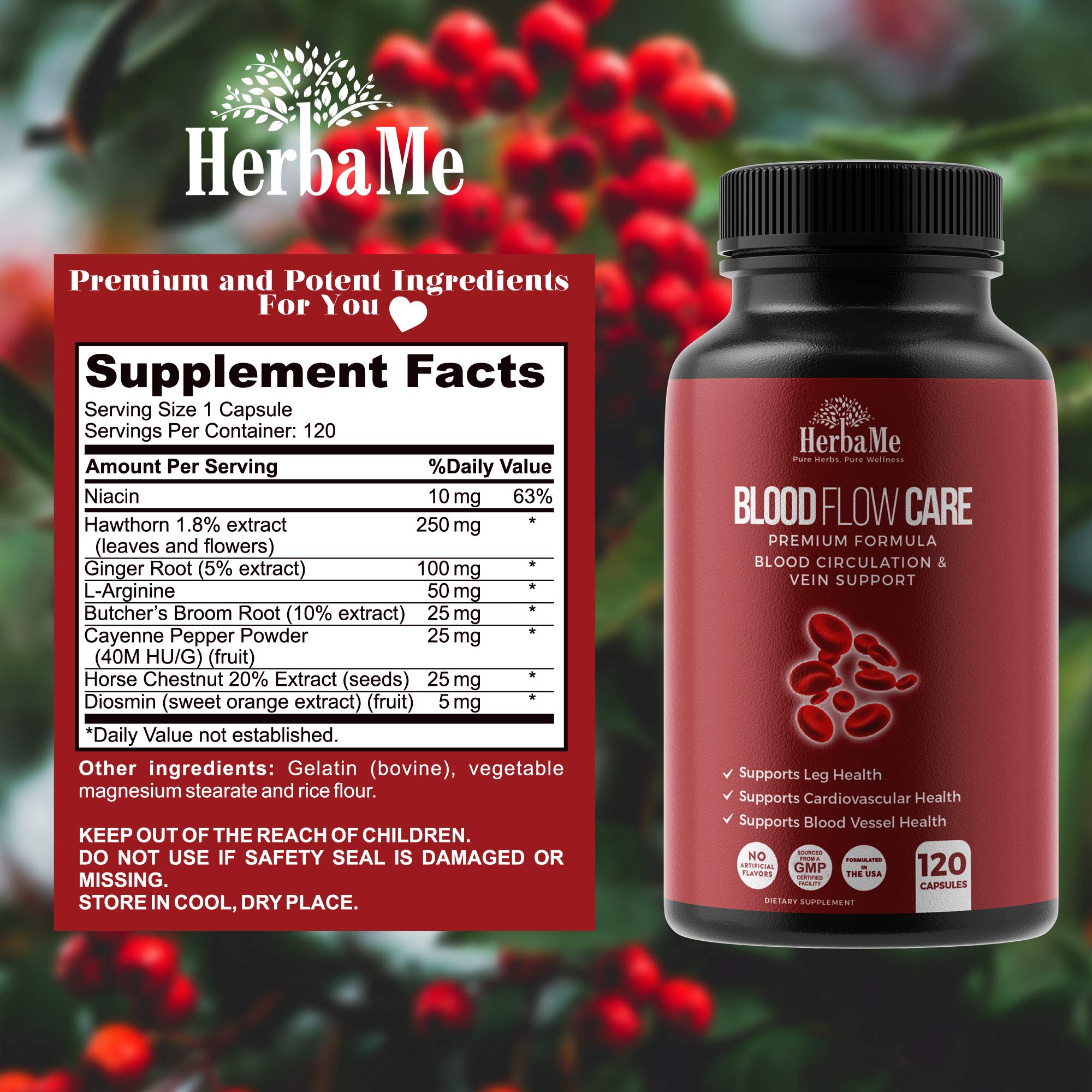 HerbaMe Blood Circulation capsules ready for daily use to support leg and heart wellness.