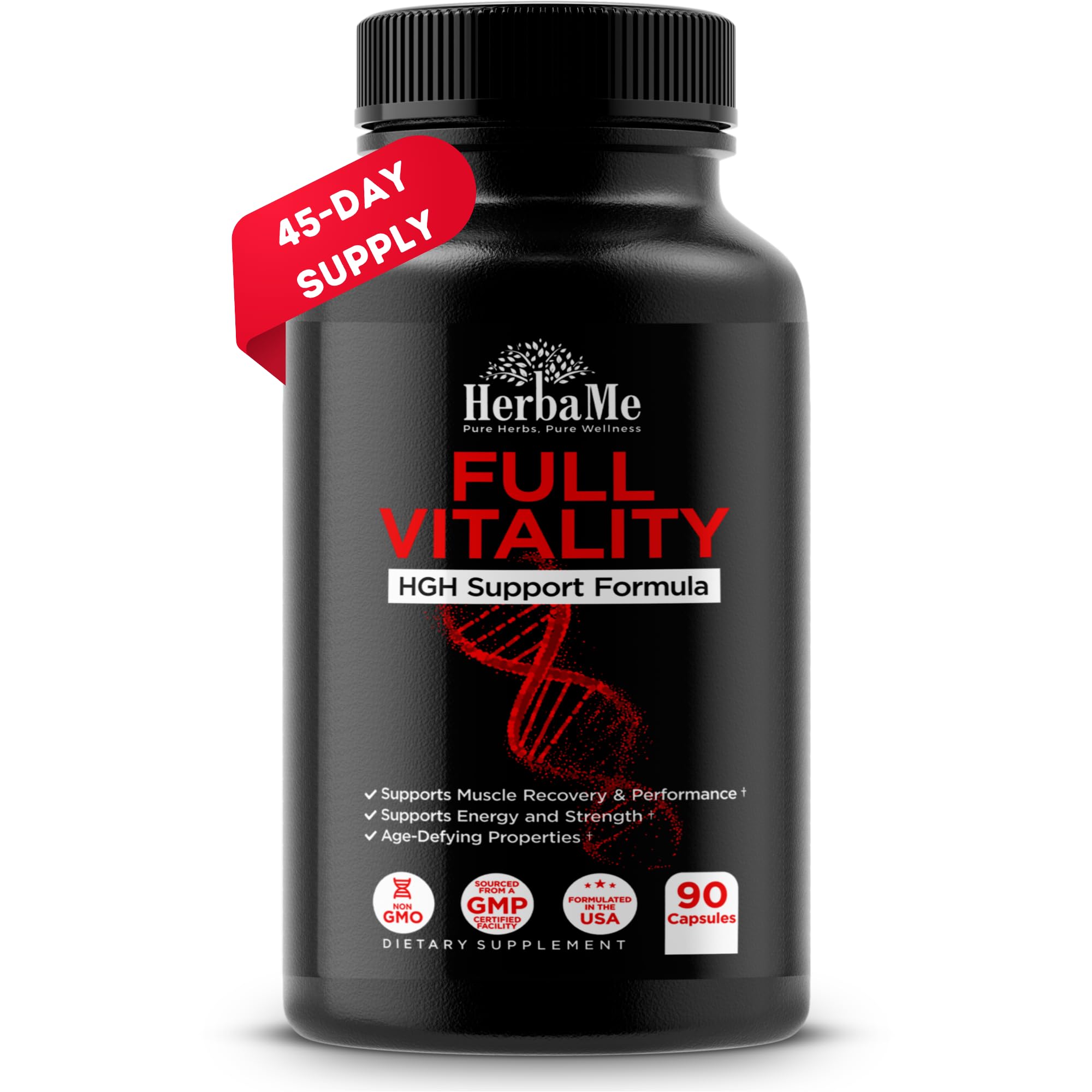 HerbaMe HGH supplements bottle on a clean surface highlighting daily vitality support