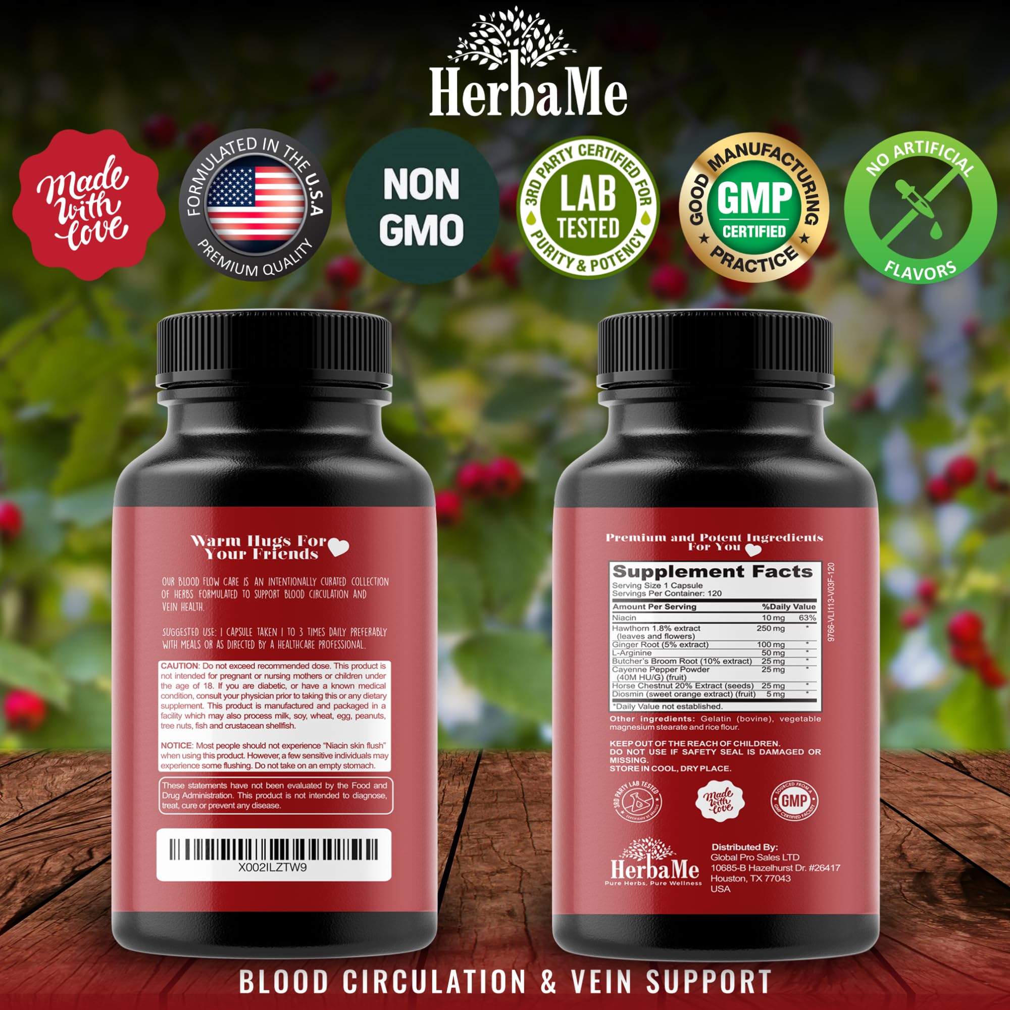 HerbaMe Diosmin close-up shows vein-supporting botanicals for comfortable movement.
