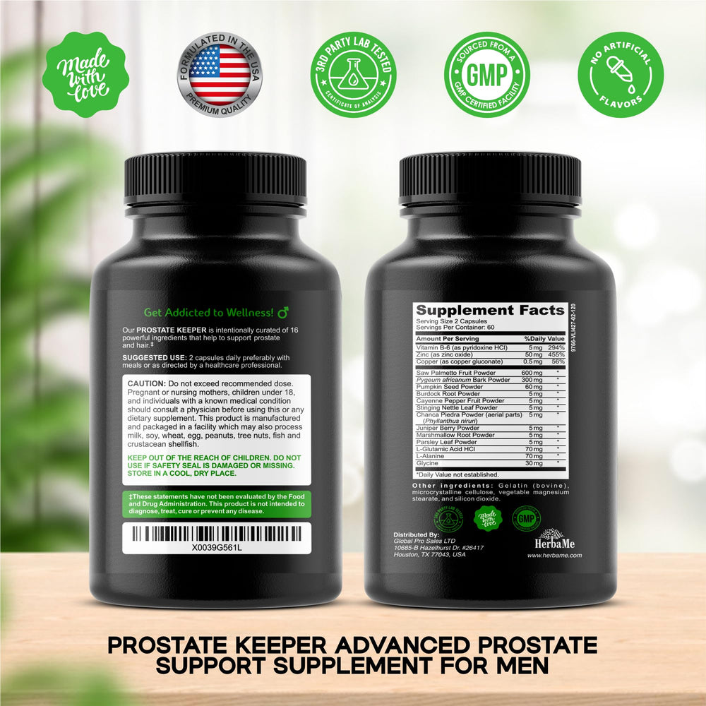 HerbaMe Prostate Support bottle back-label highlights key ingredients.