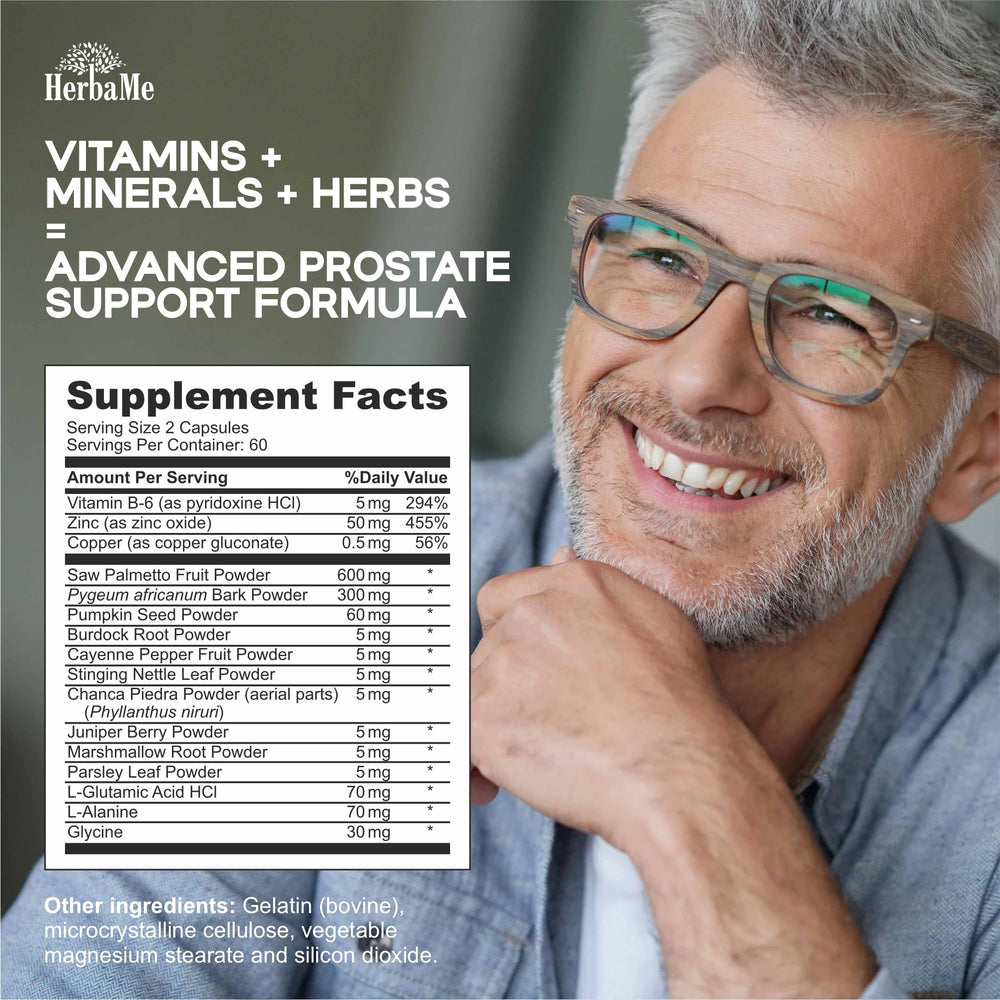 HerbaMe Prostate Support ingredients panel features saw palmetto and zinc.