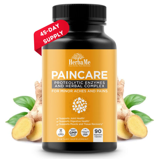 HerbaMe Proteolytic Enzymes bottle highlighting recovery support