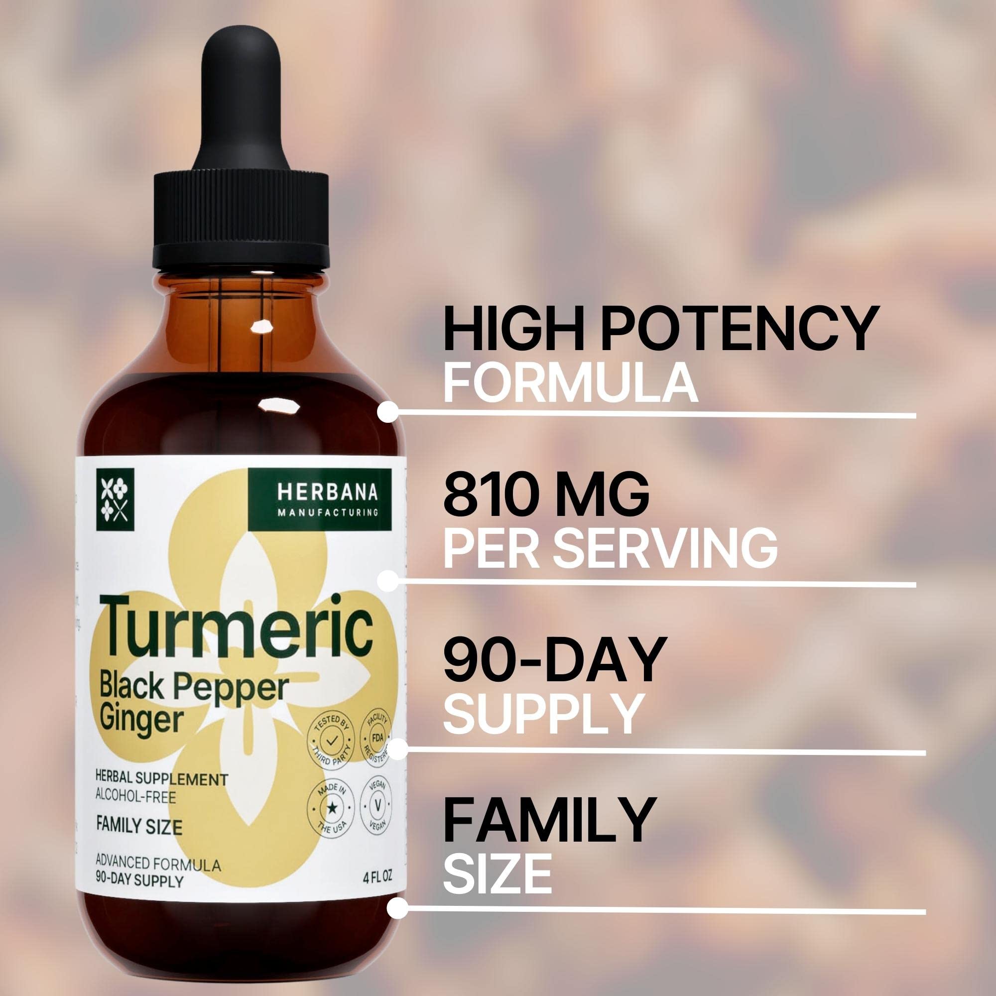 Herbana turmeric tincture California facility highlights crafted in USA.