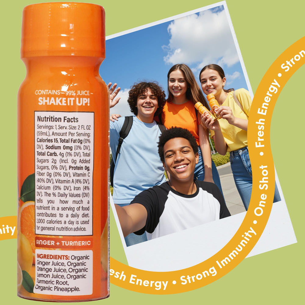 HERBANA Immunity & Digestive Shot pineapple-lemon; tropical blend for refreshing, on-the-go vitality.