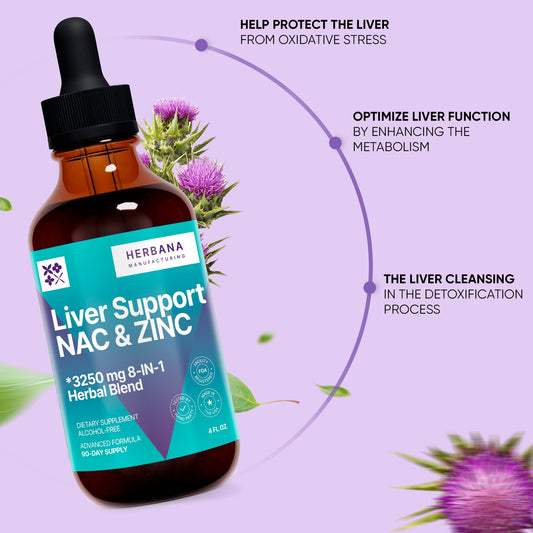 Herbana Liver Support Drops label close-up showing USA-made formula