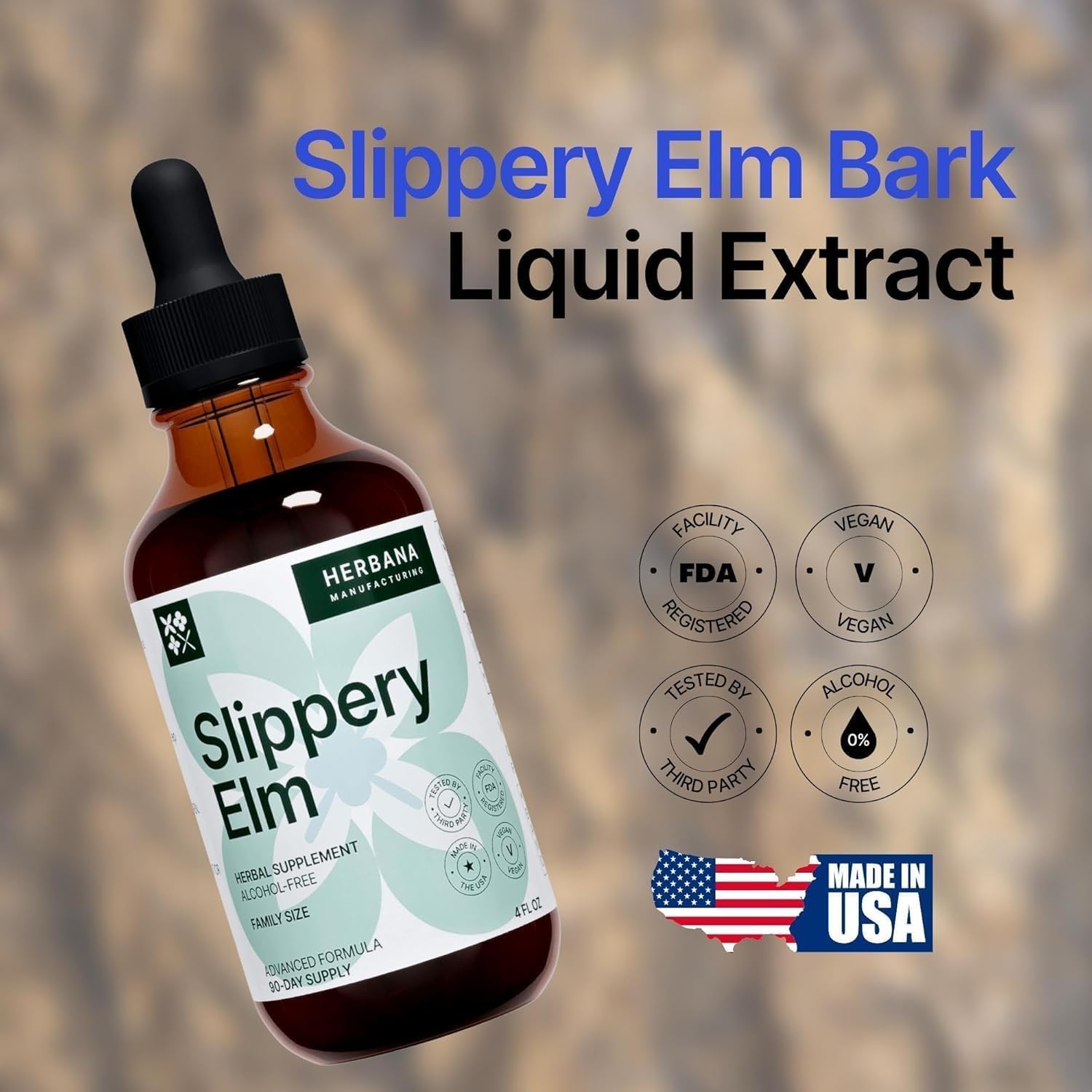 HERBANA Slippery Elm Bark Drops USA-made assurance of quality