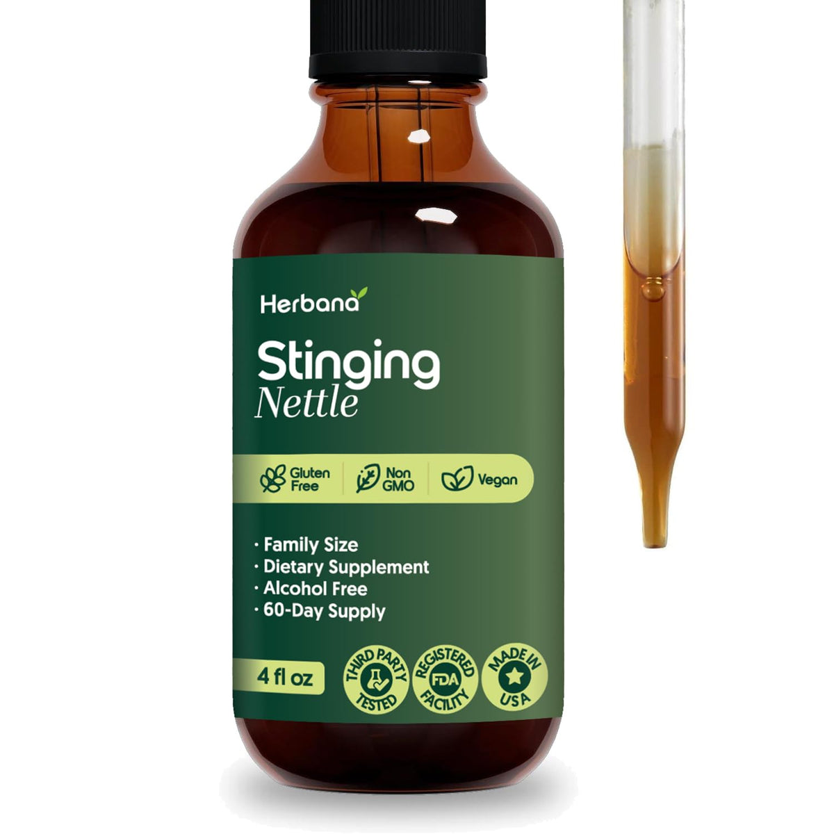 HERBANA Stinging Nettle bottle with dropper for daily urinary and kidney support.