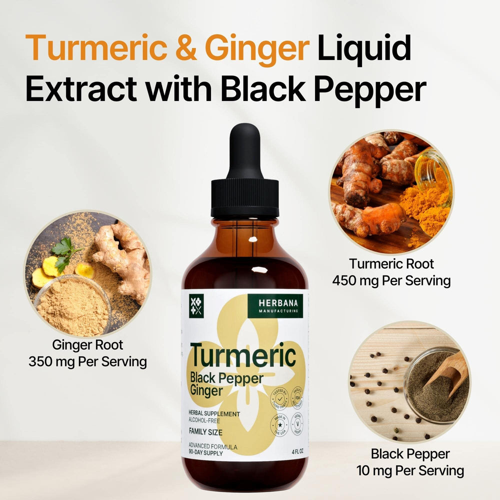 Herbana Turmeric 3-in-1 liquid tincture label shows USA-made quality.