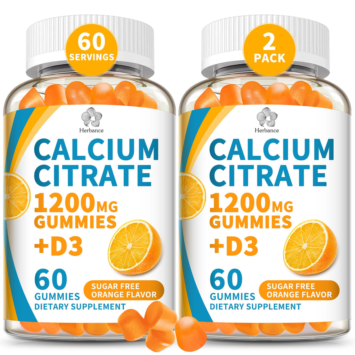 Herbance Calcium Citrate Gummies orange bottle; high-absorption formula for bone support