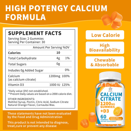 Close-up of Herbance gummies highlights sugar-free orange flavor and daily calcium boost