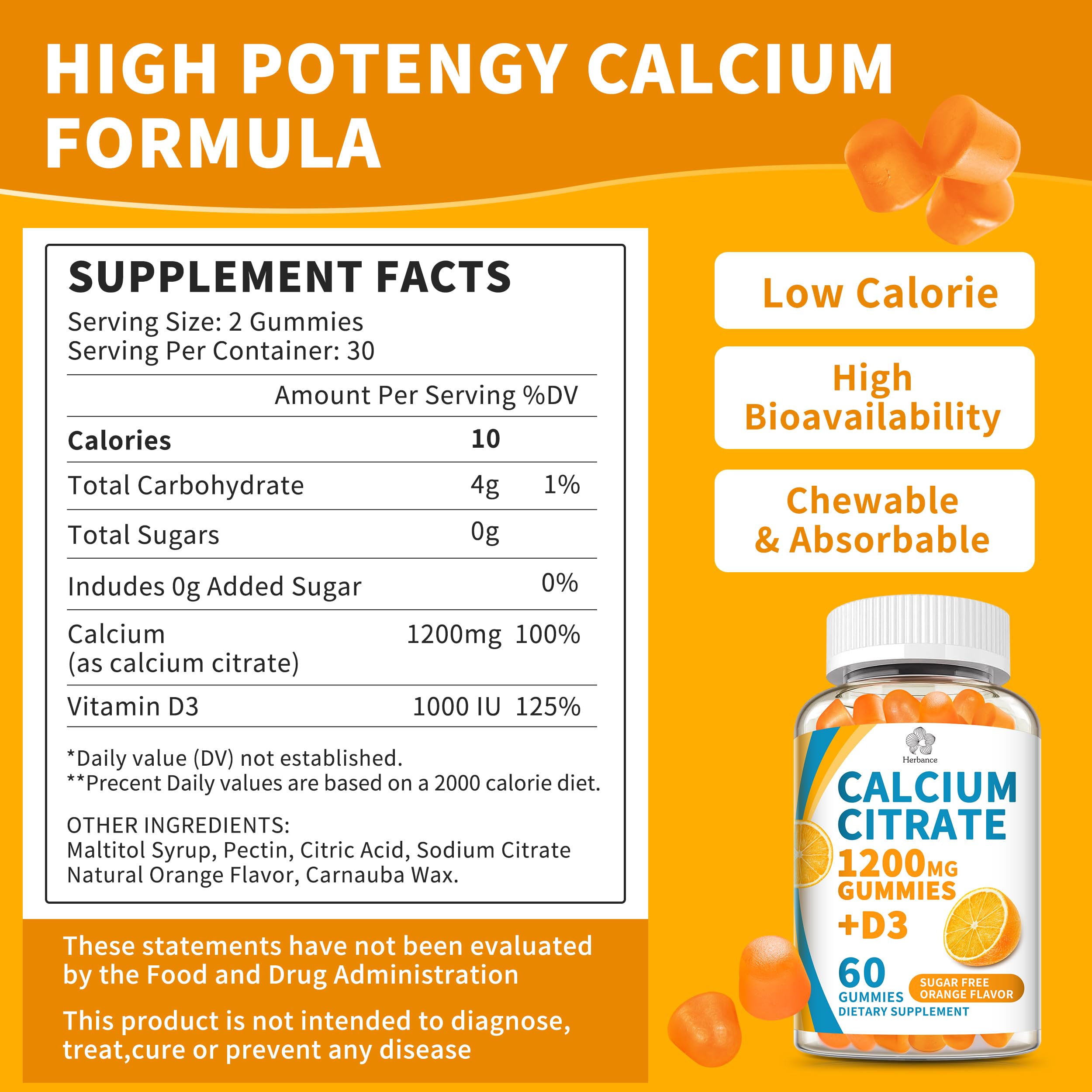Herbance packaging highlights vegan, non-GMO calcium gummies suitable for all ages.