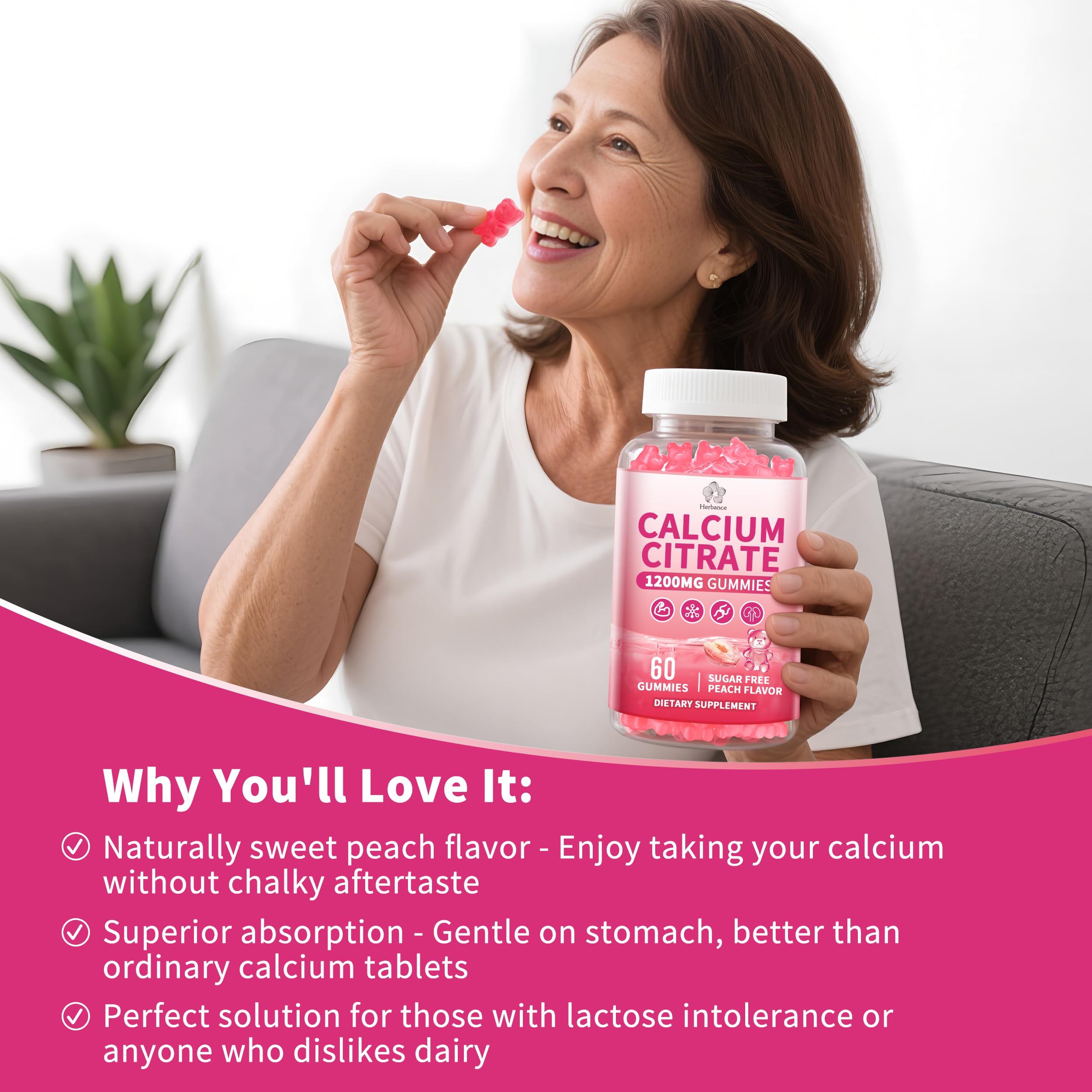 Herbance Calcium Citrate Gummies peach flavor chew for daily calcium intake