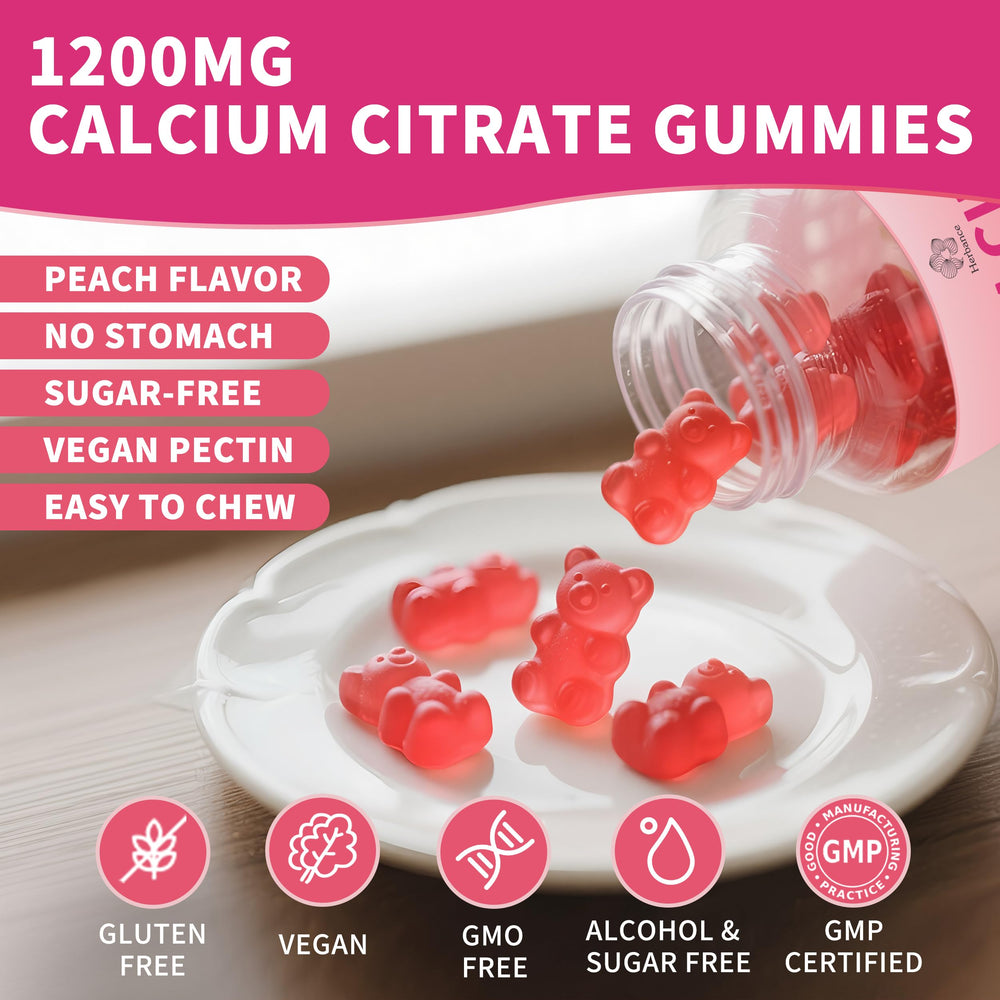 Herbance Gummies beside peach slices showing sugar-free indulgence