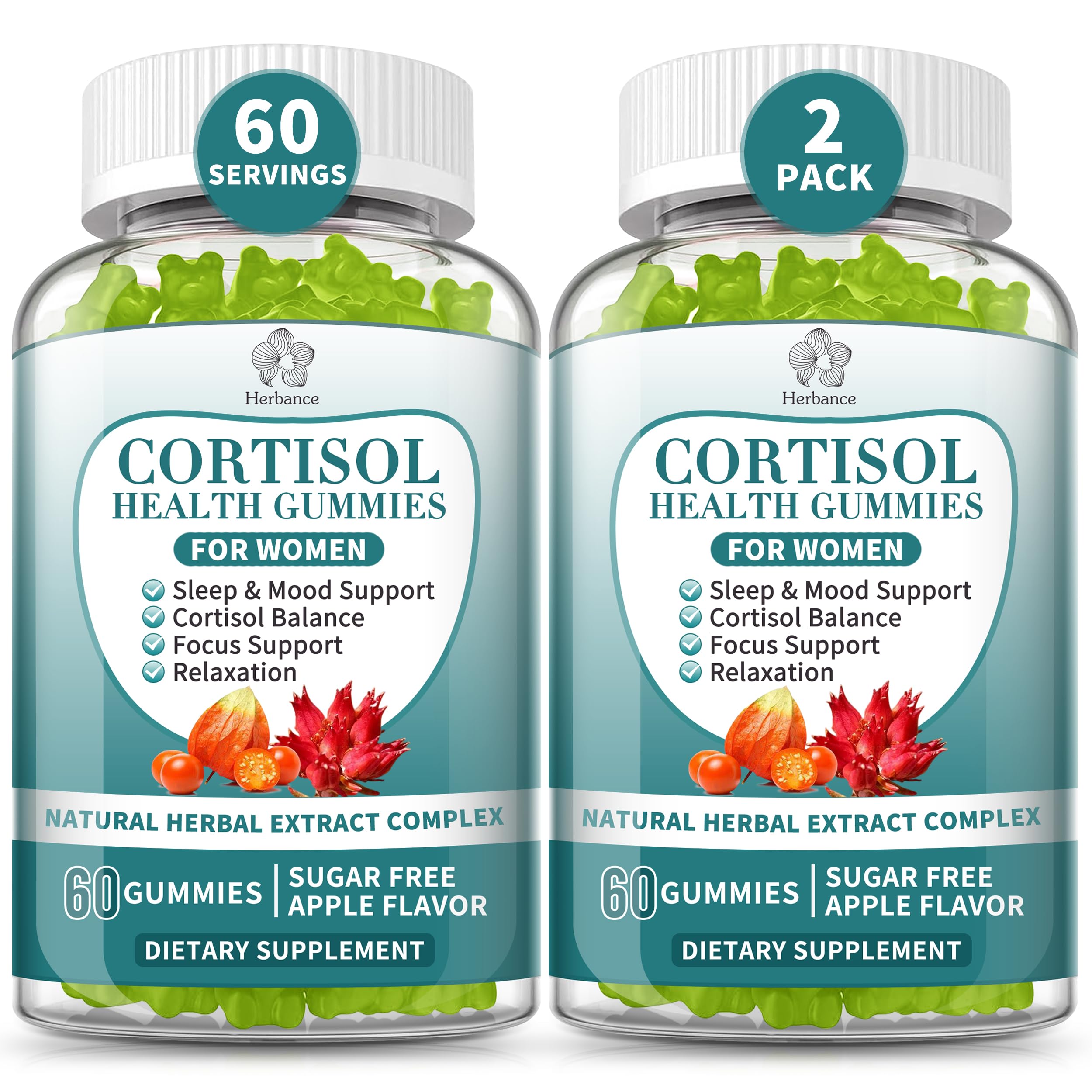 Herbance Cortisol Gummies bottle front shows 2-pack packaging for stress support