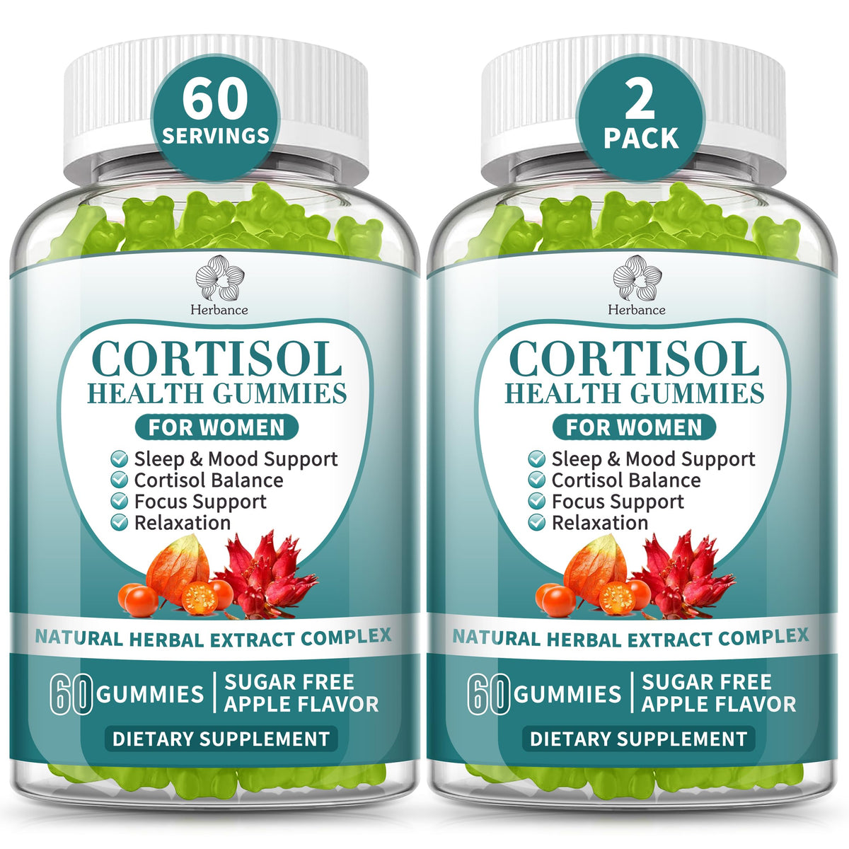 Herbance Cortisol Gummies bottle front shows 2-pack packaging for stress support