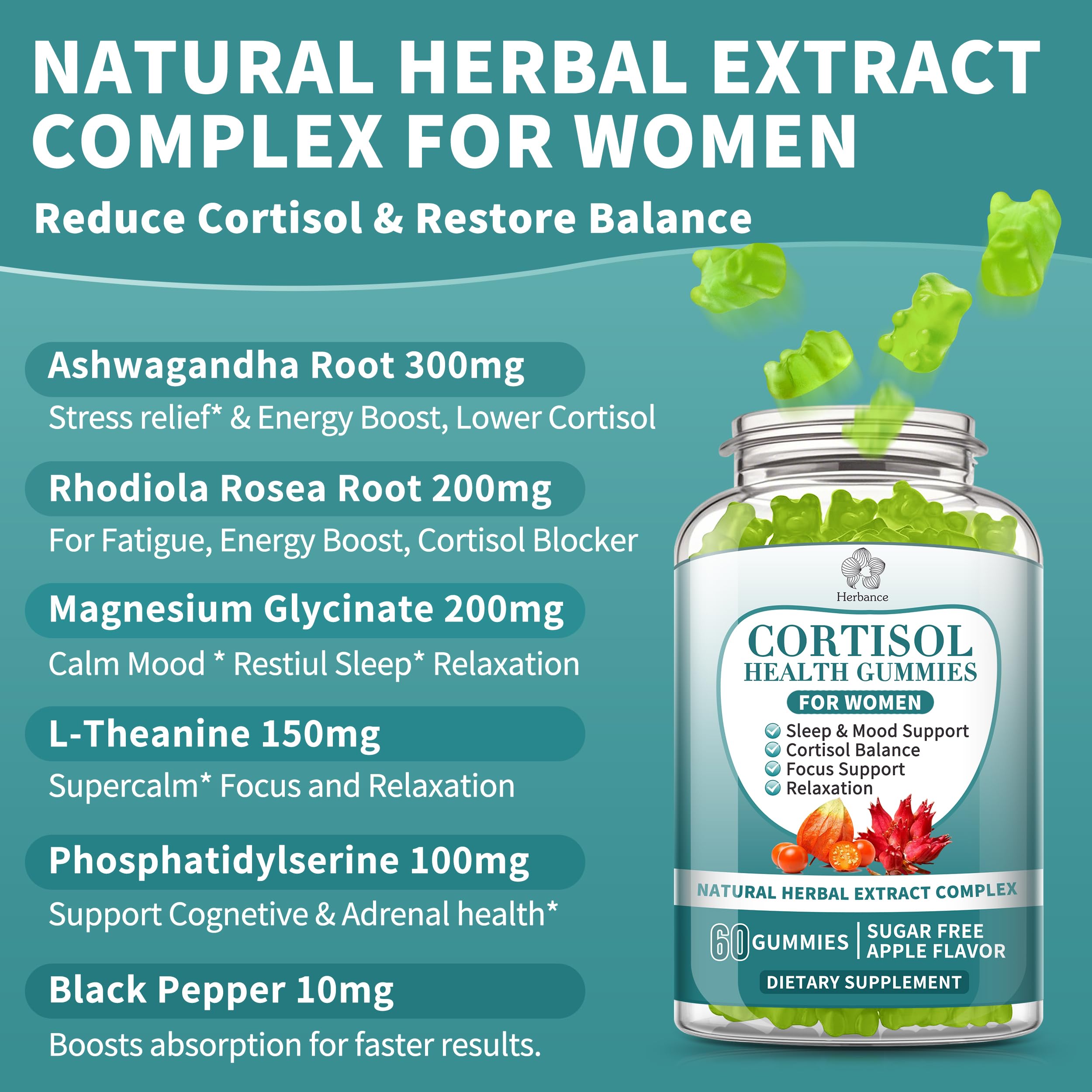 Herbance Cortisol Gummies packaging box shown with bottle for an on-the-go routine