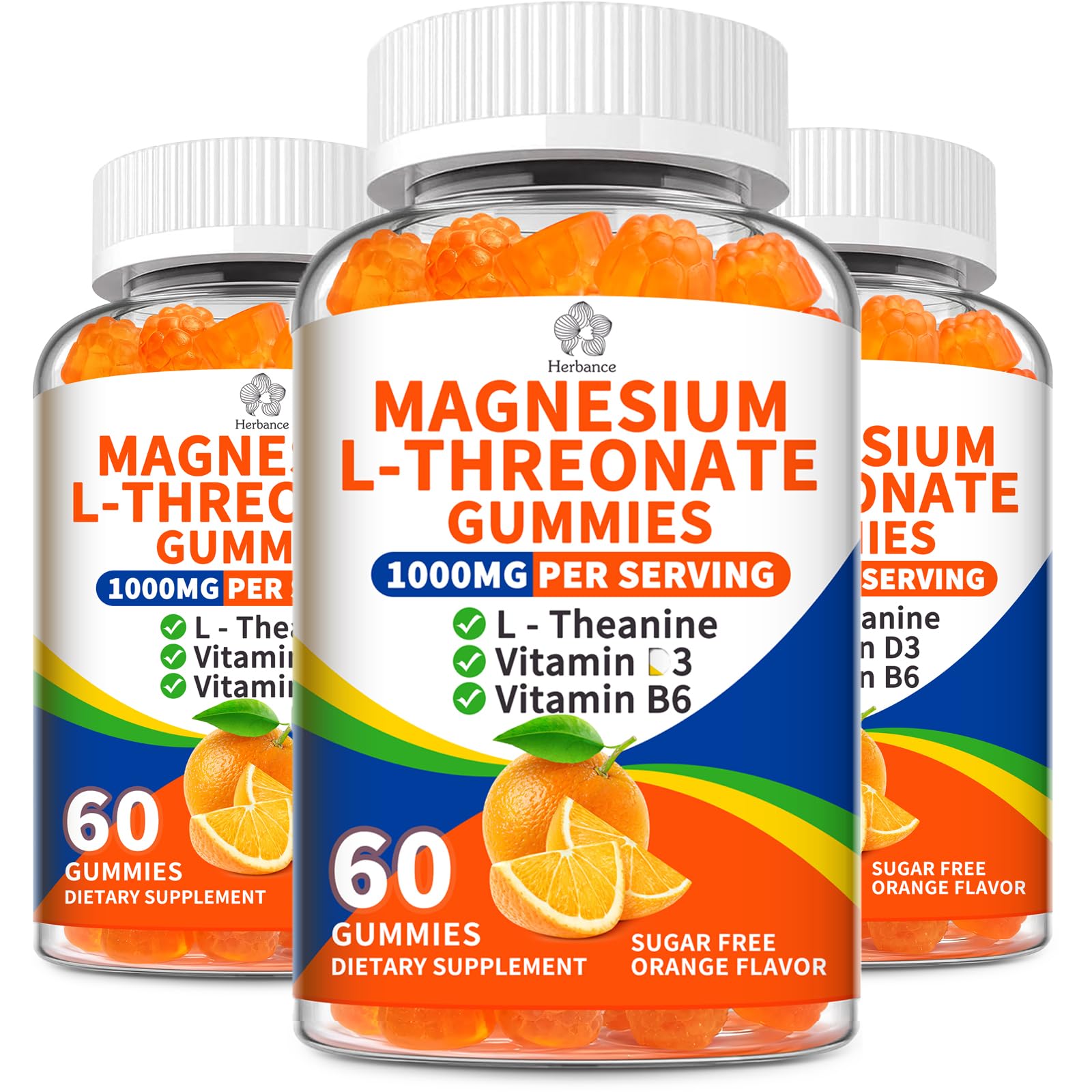 Herbance magnesium L-threonate gummies orange bottle; convenient sugar-free daily wellness support.