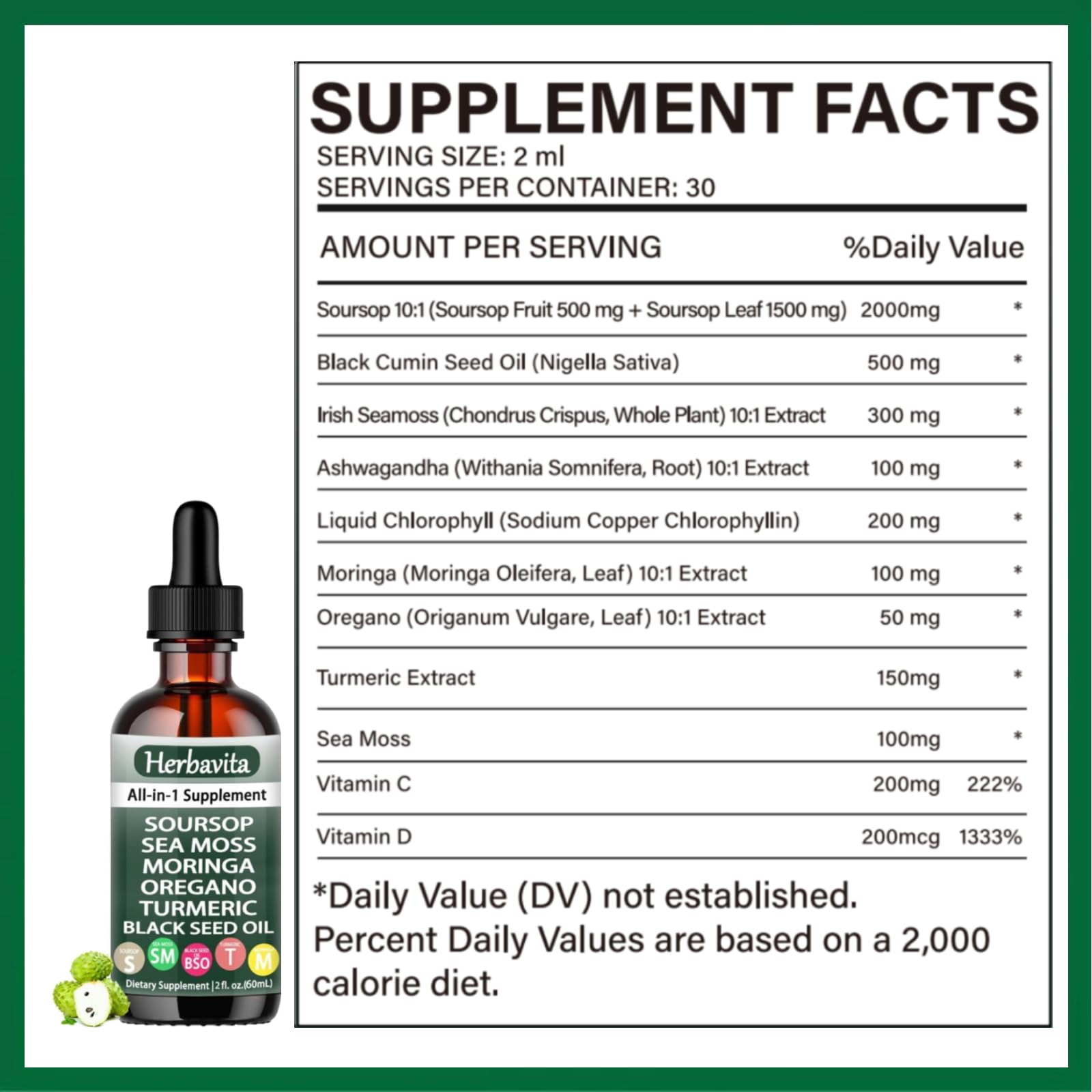Herbavita Soursop Drops daily-use bottle beside a glass