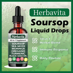 Herbavita Soursop Drops dropper dispensing into water for quick daily boost