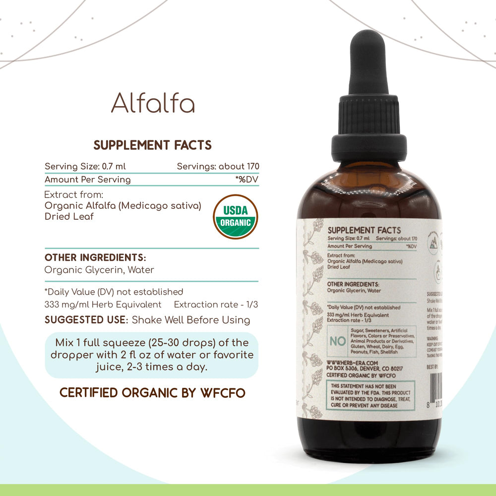 HerbEra Alfalfa tincture bottle displaying USDA Organic label