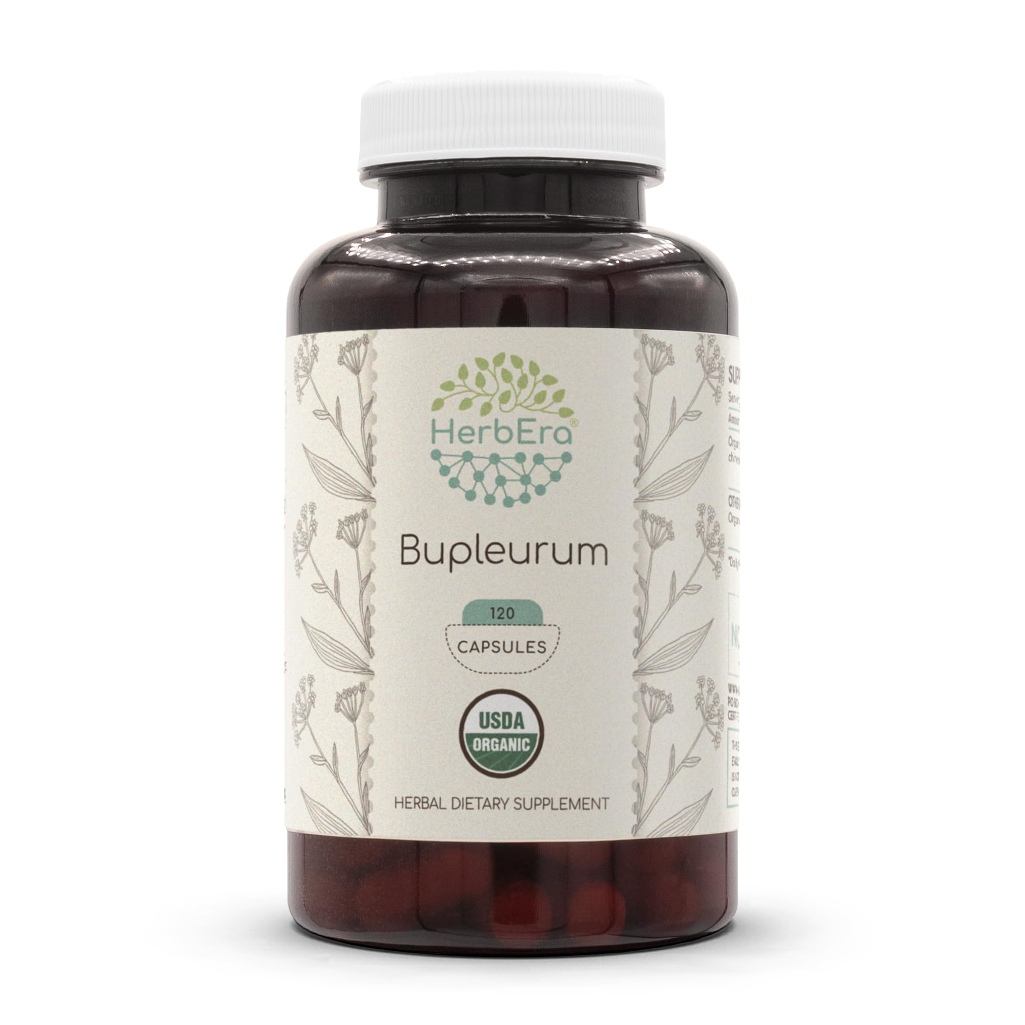 HerbEra Bupleurum organic capsules in a bottle for daily herbal support.