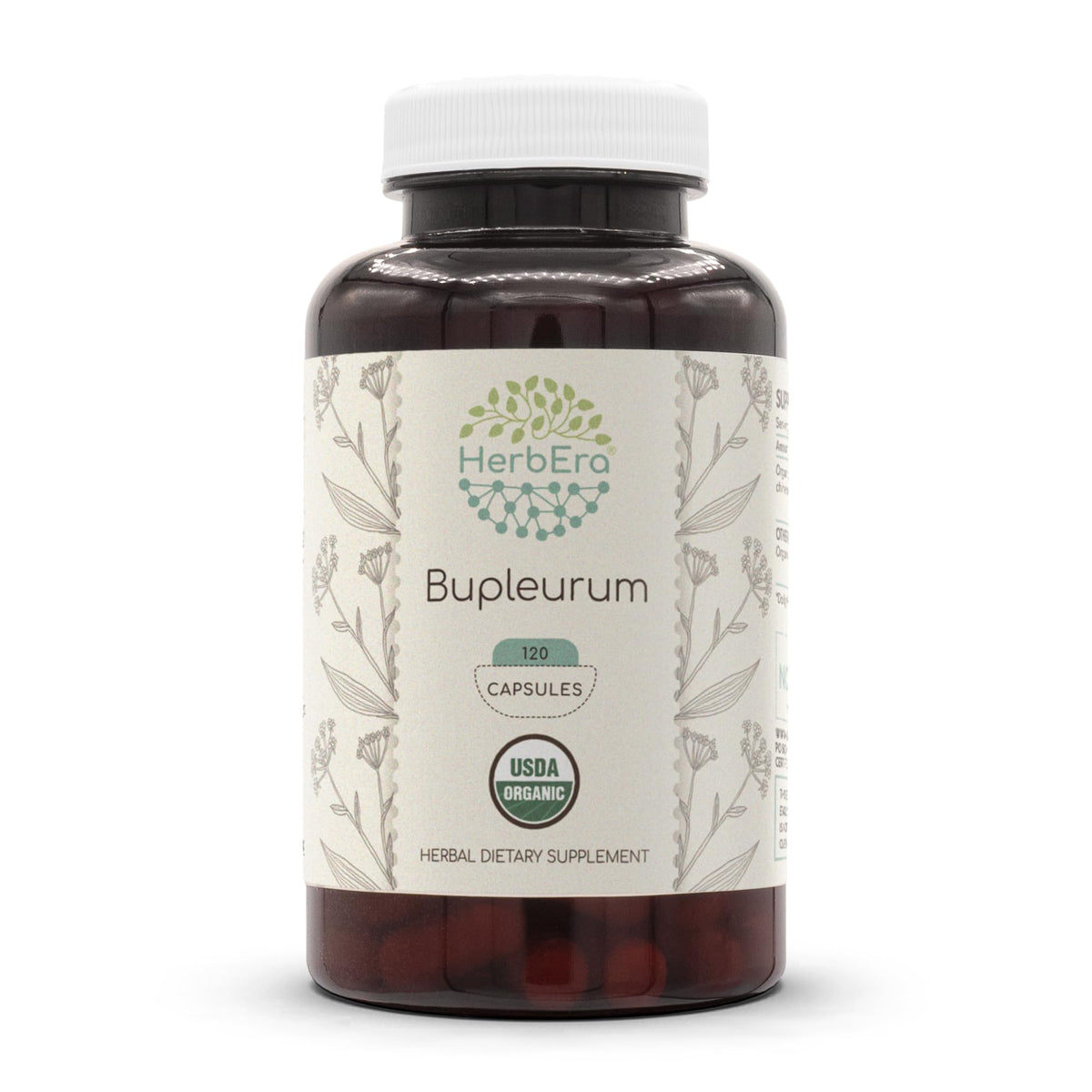 HerbEra Bupleurum organic capsules in a bottle for daily herbal support.