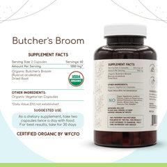 HerbEra butcher's broom capsules close-up highlighting organic formula.