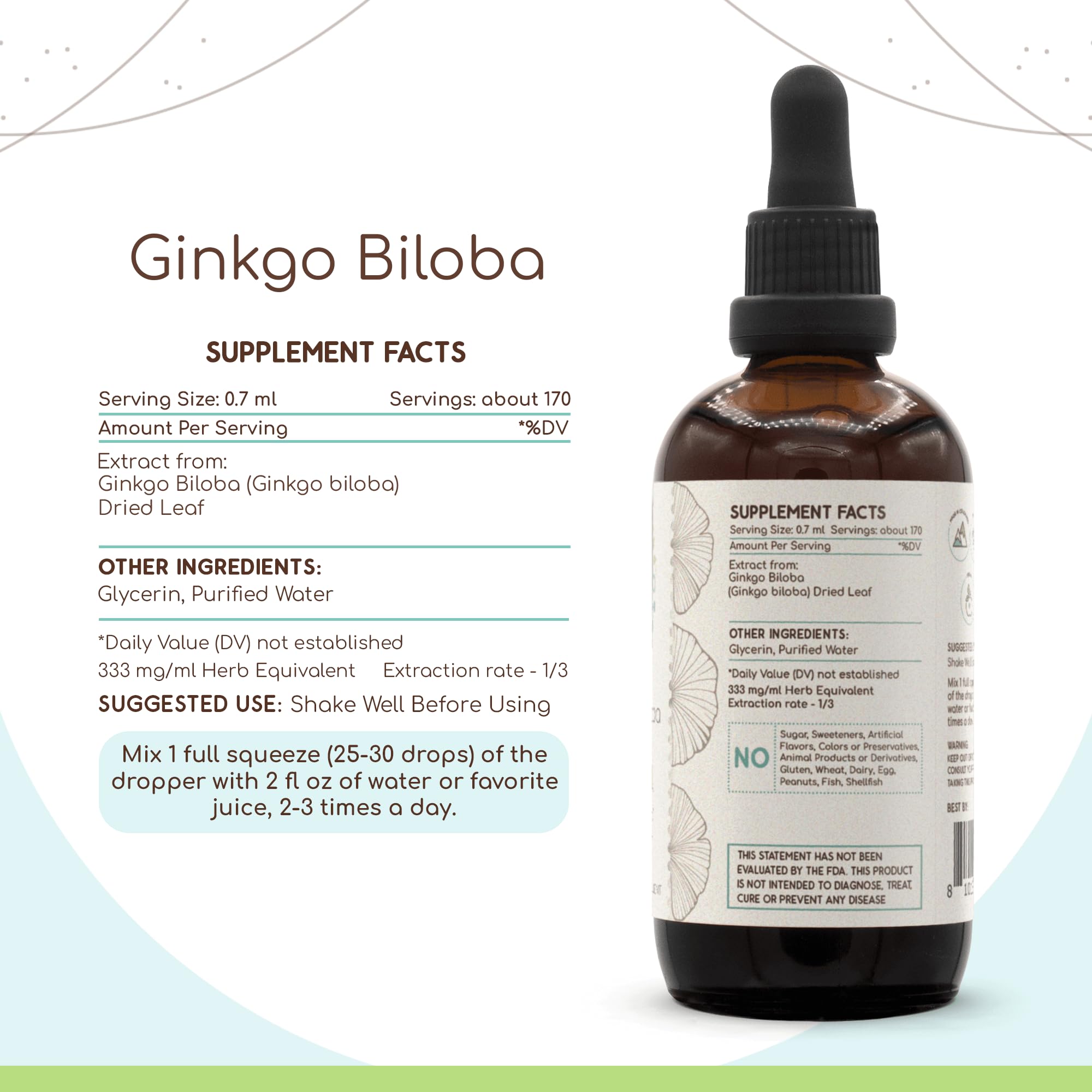 HerbEra Ginkgo Biloba B120 drops over water illustrate convenient daily use.