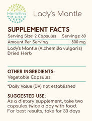 HerbEra Lady's Mantle label detail showing purity and ingredients.