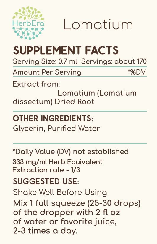 HerbEra Lomatium B120 ingredient glass showing glycerin and distilled water base