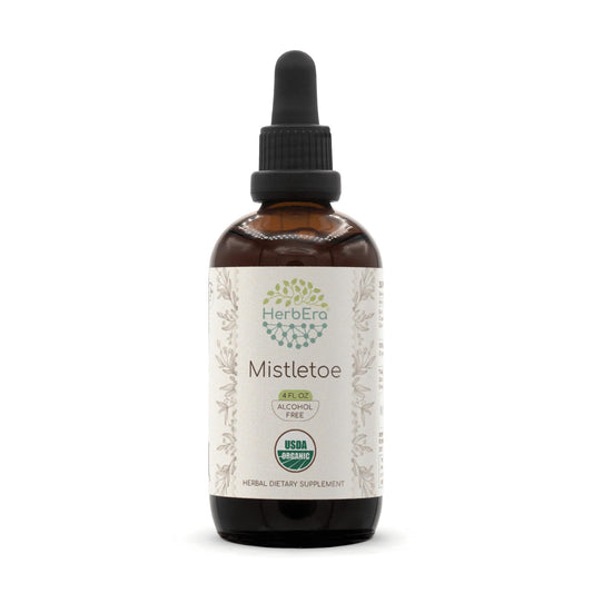HerbEra mistletoe B120 tincture bottle highlights USDA Organic certification and a clean, alcohol-free formula.