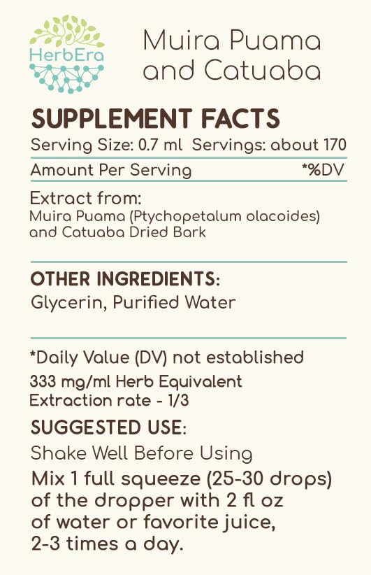 Closeup of HerbEra Muira Puama tincture drops shows alcohol-free liquid