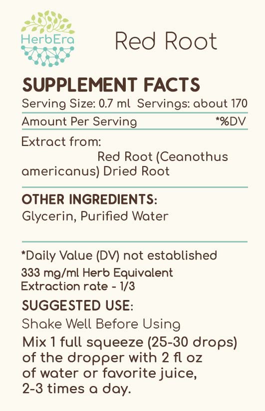 HerbEra Red Root B120 tincture label details for product transparency.