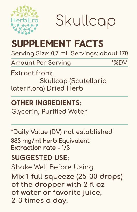 HerbEra Skullcap B120 dropper pouring for precise dosing.