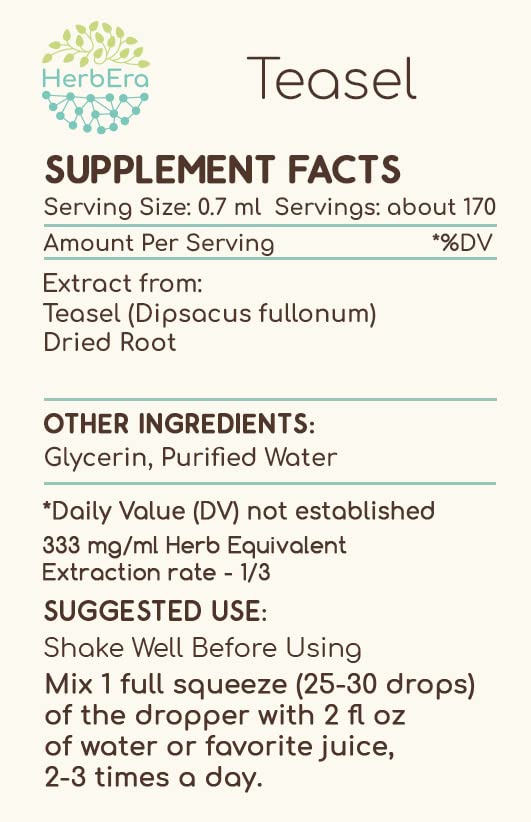 HerbEra Teasel B120 tincture liquid shows glycerin and distilled water