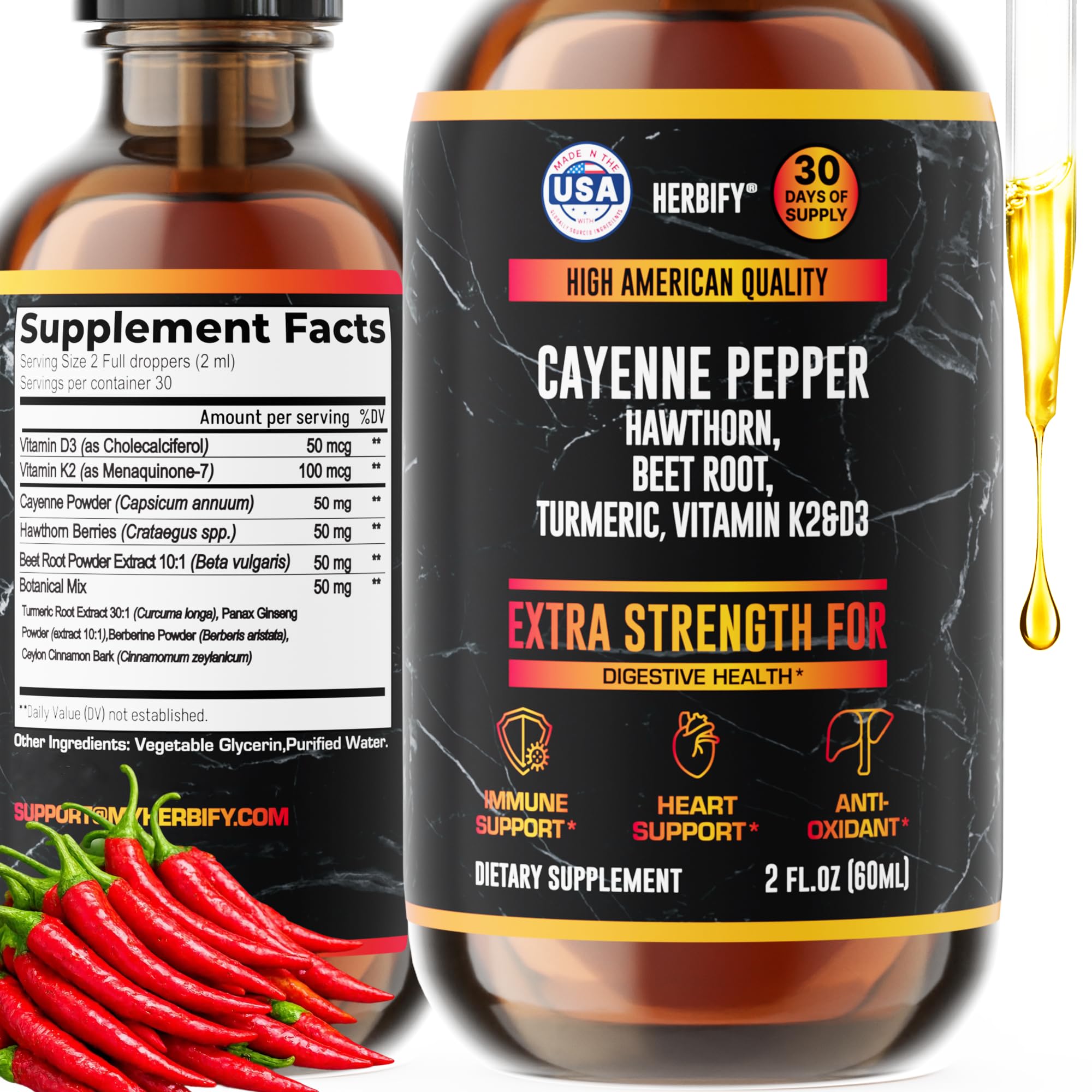 HERBIFY Cayenne Drops bottle front showing daily digestion support.